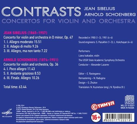 Contrasts. Concerti per violino - CD Audio di Arnold Schönberg,Jean Sibelius - 2