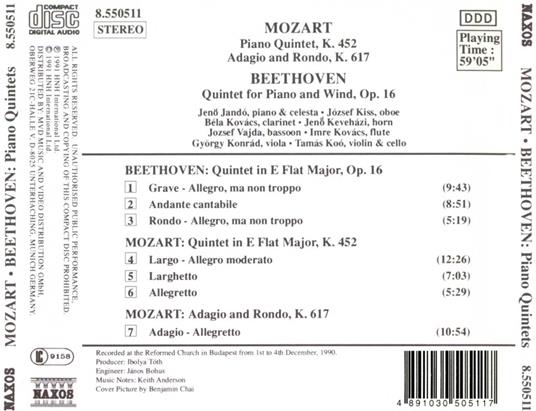 Quintetto con pianoforte K452 - Adagio e Rondò K617 / Quintetto op.16 - CD Audio di Ludwig van Beethoven,Wolfgang Amadeus Mozart - 2