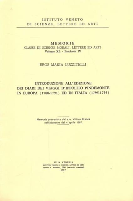 Introduzione all'edizione dei diari dei vaggid'Ippolito Pindemonte in Europa (1788-1791) ed in Italia (1795-1796) - copertina