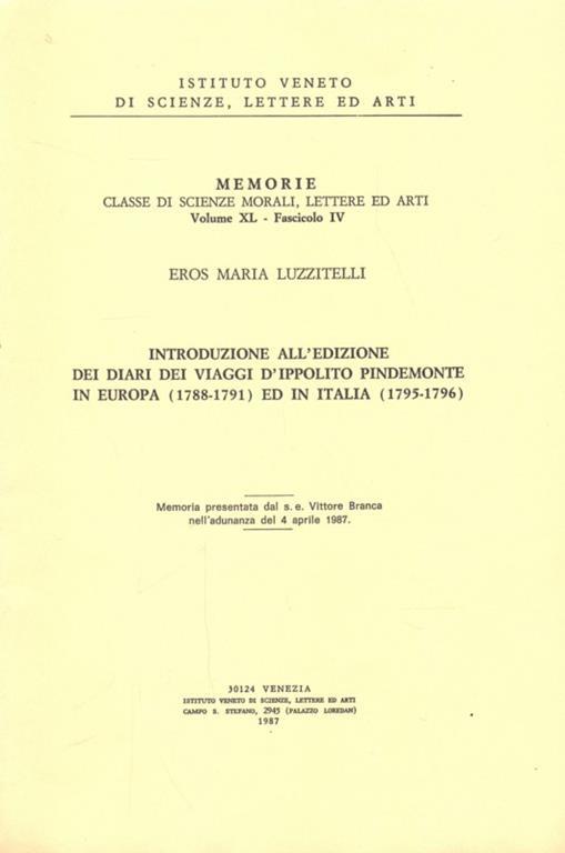 Introduzione all'edizione dei diari dei vaggid'Ippolito Pindemonte in Europa (1788-1791) ed in Italia (1795-1796) - copertina