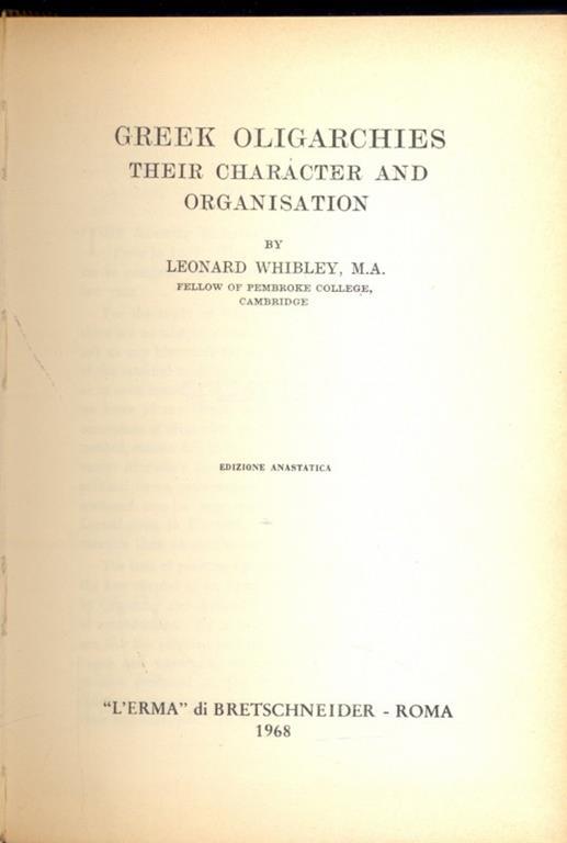 Greek oligarchies, their character and organisation (1955) - L. Whibley - copertina
