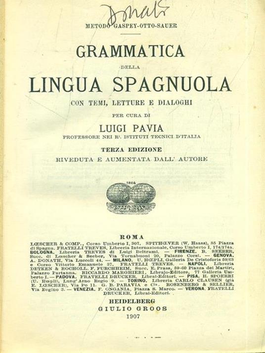 Grammatica della lingua spagnuola - Luigi Pavia - copertina