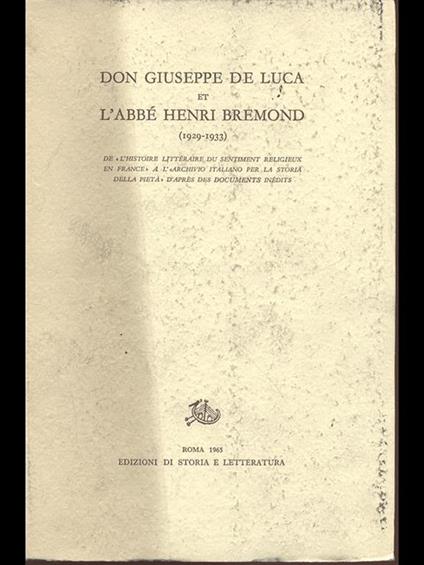 Don Giuseppe de Luca et l'Abbé Henri Bremond (1929-1933) - copertina