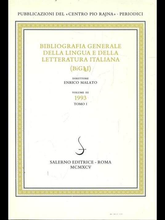 Bibliografia generale della lingua e della letteratura italiana 1993 Vol. 3/1 - Enrico Malato - copertina