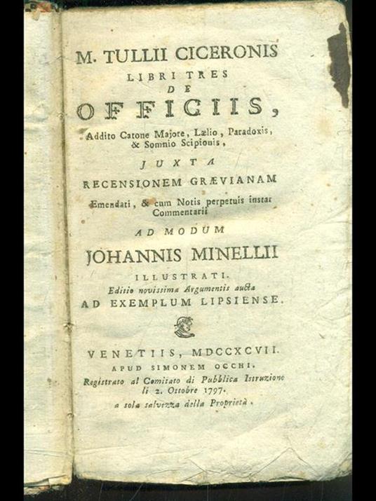 Libri tres de Officiis - M. Tullio Cicerone - copertina