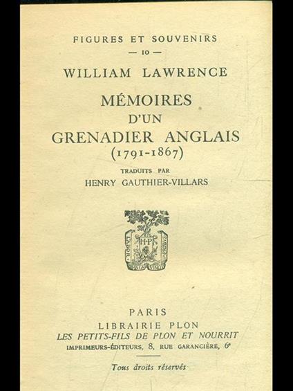 Memoires d'un grenadier anglais 1791-1867 - William Lawrence - copertina