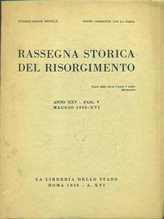 Rassegna storica del Risorgimento anno XXV fasc. V maggio 1938 - copertina