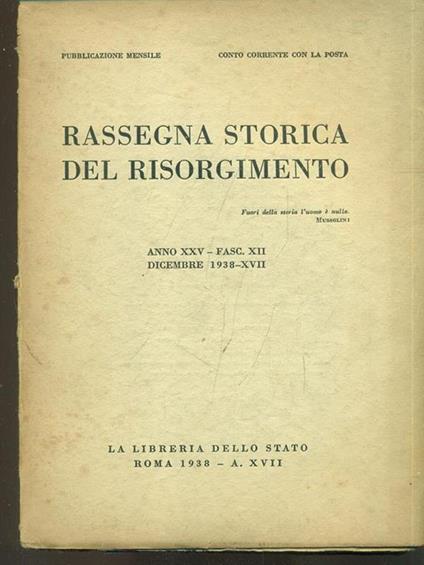 Rassegna storica del Risorgimento anno XXVfasc. XII dicembre 1938 - copertina