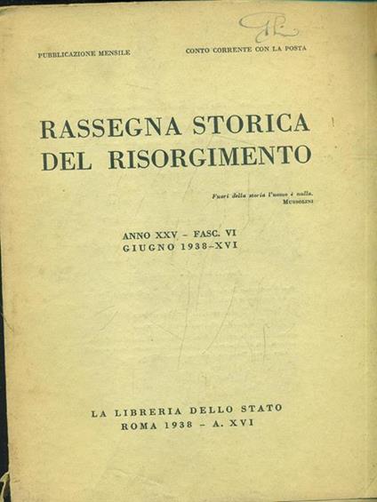 Rassegna storica del Risorgimento anno XXVfasc. VI giugno 1938 - copertina