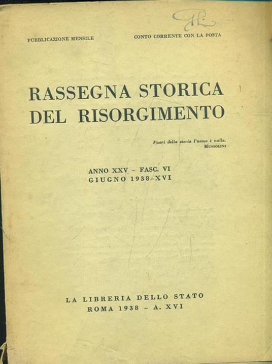Rassegna storica del Risorgimento anno XXVfasc. VI giugno 1938 - copertina