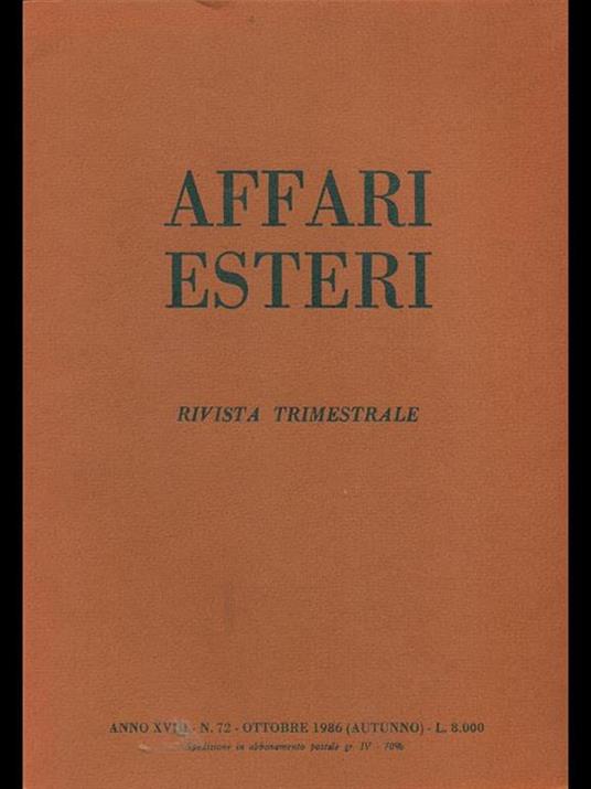 Affari esteri n. 72. Ottobre 1986 - copertina