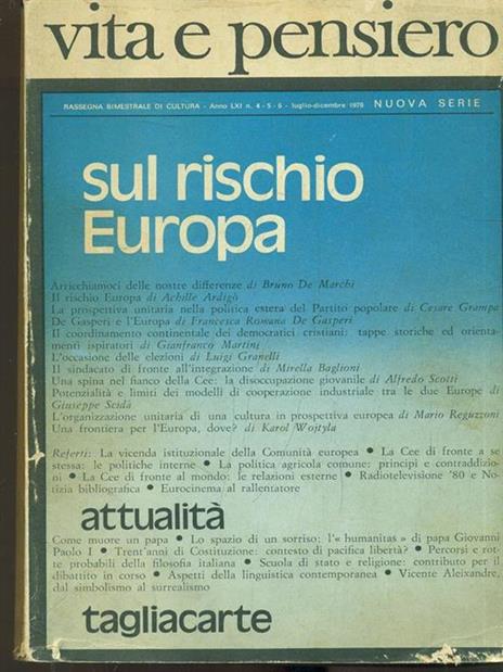 Vita e Pensiero n. 4-5-6/luglio-dicembre 1978. Sul rischio Europa - copertina