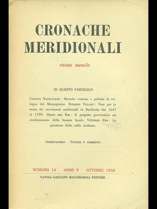 Cronache meridionali 10. Ottobre 1958 - copertina