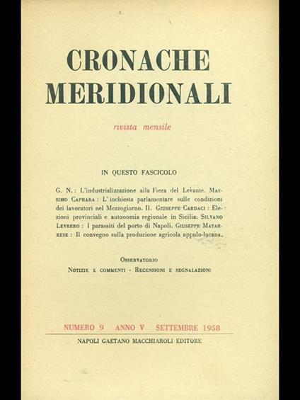 Cronache meridionali 9. Settembre 1958 - copertina