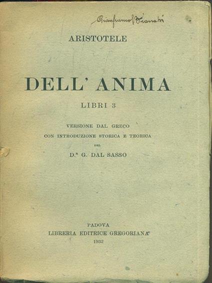 Dell'anima. Libri 3 - Aristotele - copertina