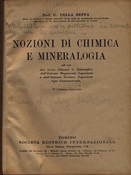 Nozioni di chimica e mineralogia - G. Della Beffa - copertina