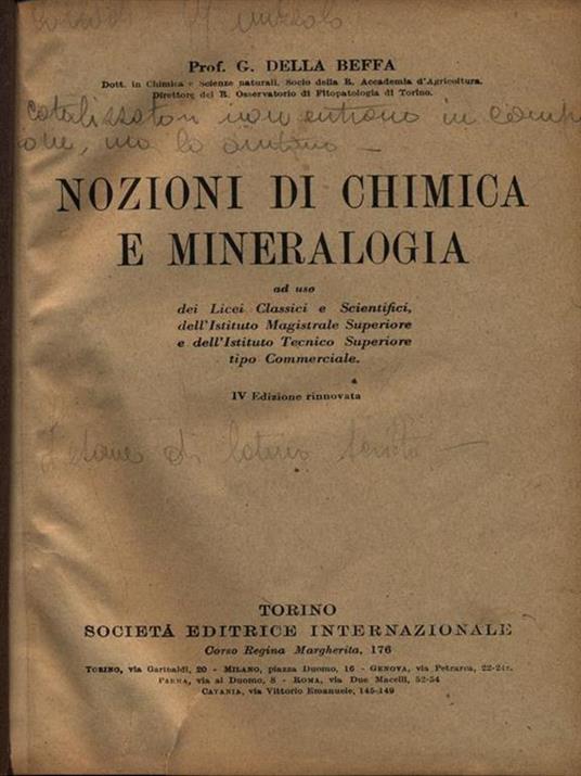 Nozioni di chimica e mineralogia - G. Della Beffa - copertina