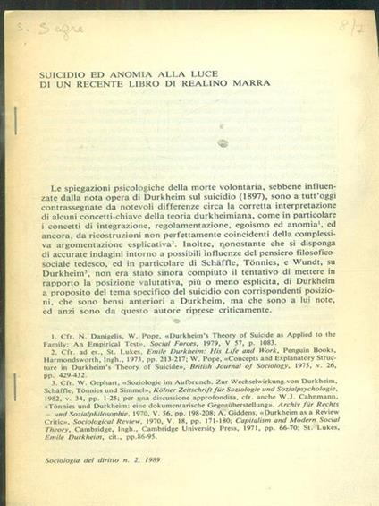 Suicidio ed anomia alla luce di un recente libro di realino Marra. Estratto - copertina