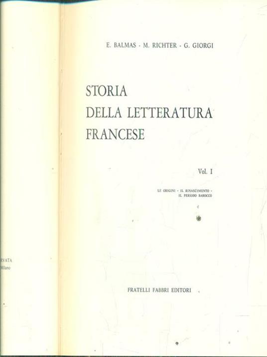 Storia della letteratura francese vol I le origini il rinascimento il periodo barocco - copertina