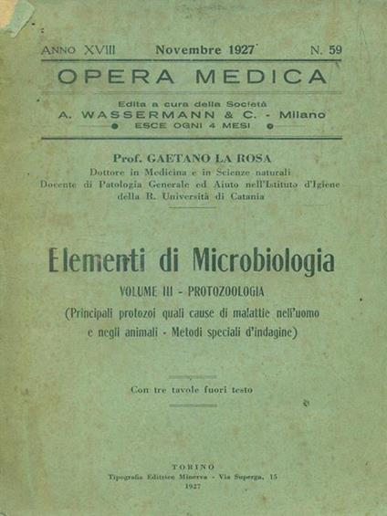 Opera medica n 59 / Novembre 1927 - Elementi di microbiologia vol III - copertina