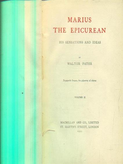 Marius the epicurean. 2vv - Walter Pater - copertina