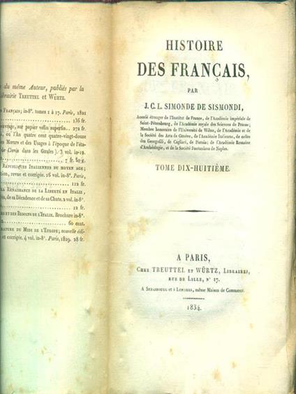 histoire des francais tome dix huitieme - Simonde de Sismondi - copertina