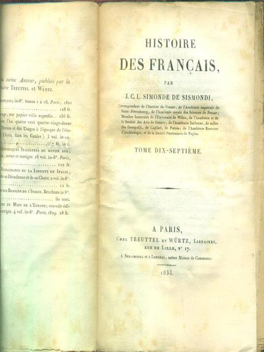 histoire des francais tome dix septieme - Simonde de Sismondi - copertina
