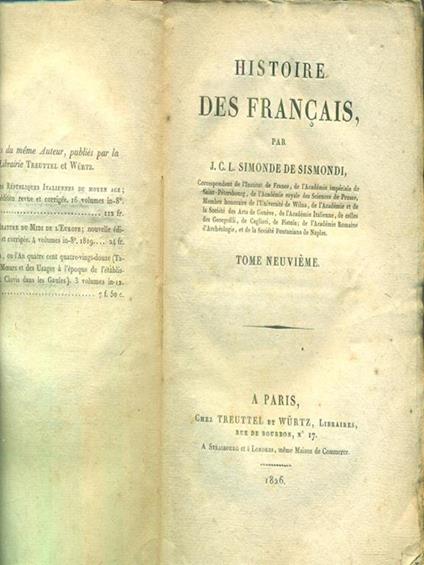 histoire des francais tome neuvieme - Simonde de Sismondi - copertina