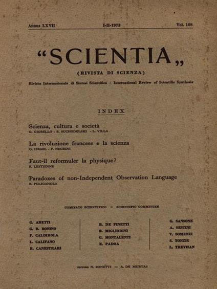Scientia I-III vol. 108/1973 - copertina