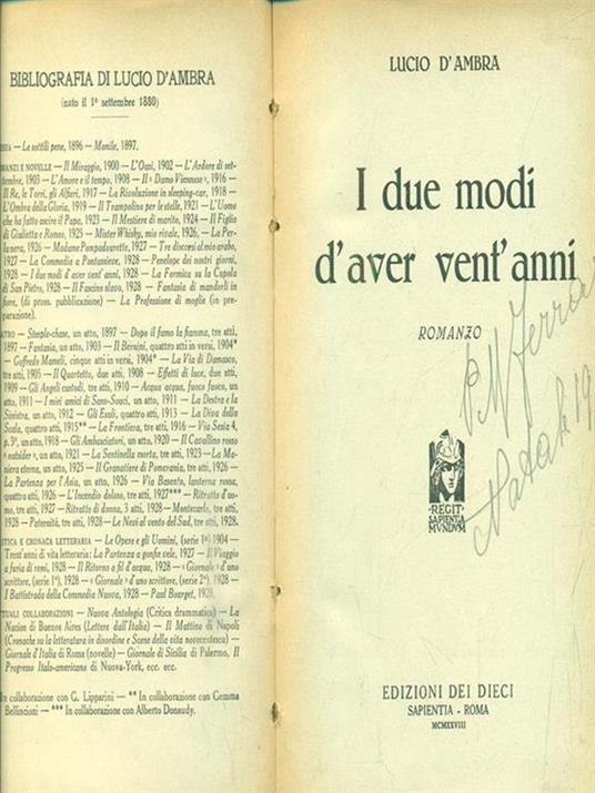 I due modi d'aver vent'anni - Lucio D'Ambra - copertina