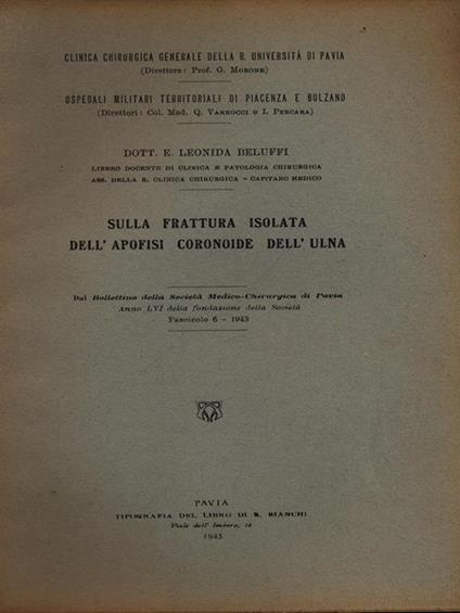 Sulla frattura isolata dell'apofisi coronoide dell'ulna - Estratto - Leonida Beluffi - copertina