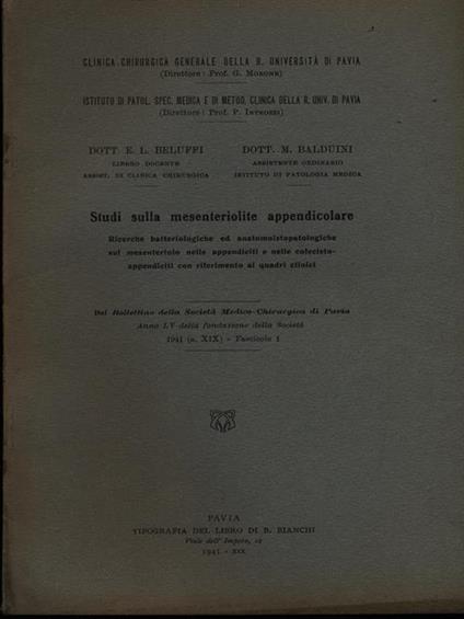 Studi sulla mesenteriolite appendicolare. Estratto - L. Beluffi - copertina