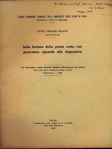 Sulla frattura della prima costa con particolare riguardo alla diagnostica. Estratto - Cesare Silani - copertina