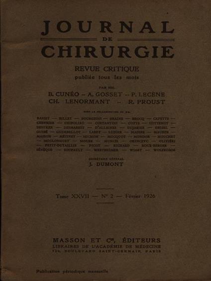 Journal de chirurgie tome XXVII n. 2/Fevrier 1926 - copertina