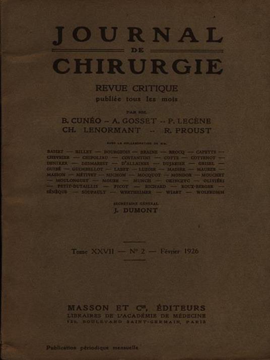 Journal de chirurgie tome XXVII n. 2/Fevrier 1926 - copertina