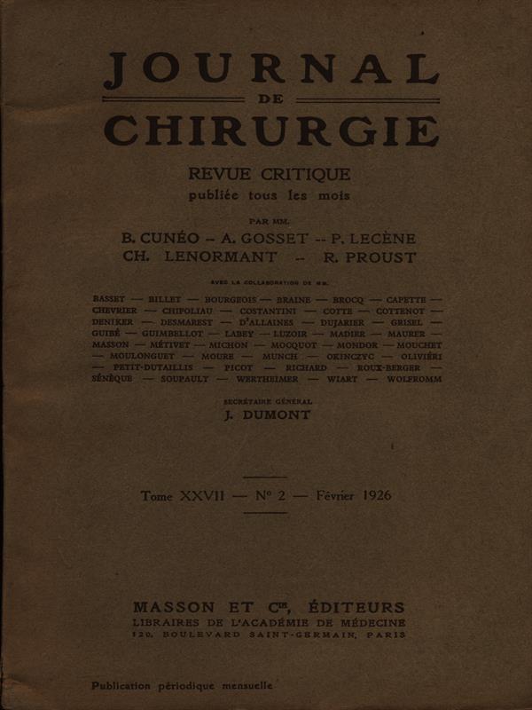Journal de chirurgie tome XXVII n. 2/Fevrier 1926