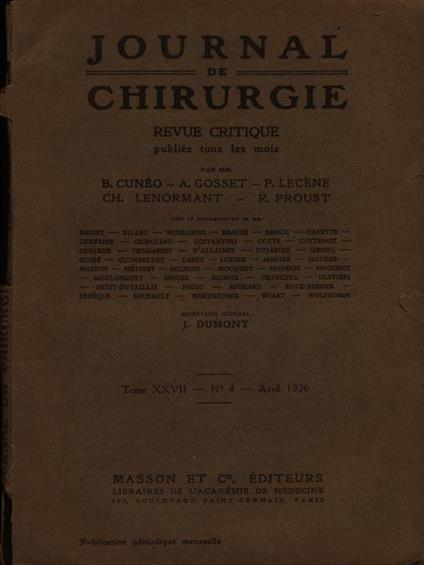 Journal de chirurgie tome XXVII n. 4/avril 1926 - copertina