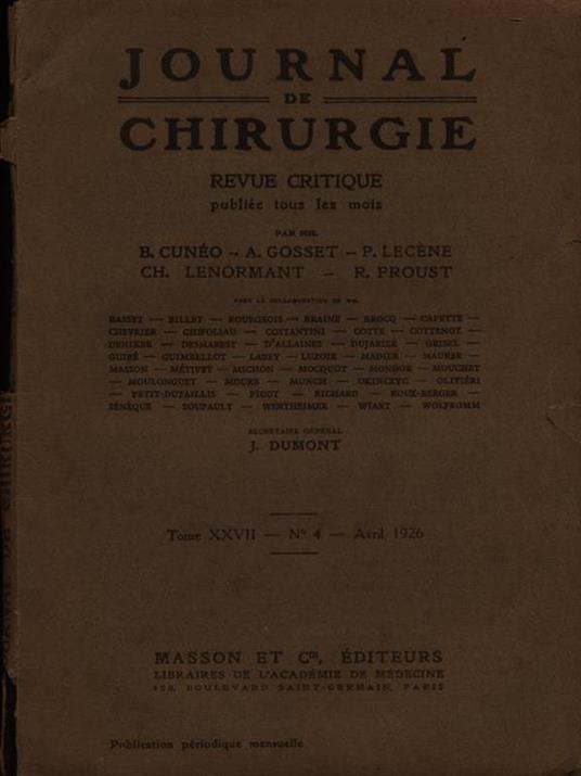 Journal de chirurgie tome XXVII n. 4/avril 1926 - copertina