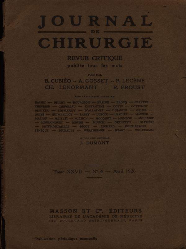 Journal de chirurgie tome XXVII n. 4/avril 1926