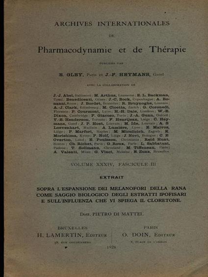 Sopra l'espansione dei melanofori della rana. Estratto - Pietro Di Mattei - copertina