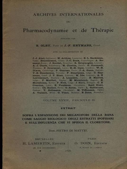 Sopra l'espansione dei melanofori della rana. Estratto - Pietro Di Mattei - copertina