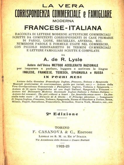 La vera corrispondenza commerciale e famigliare moderna Francese-Italiana - A. de R. Lysle - copertina