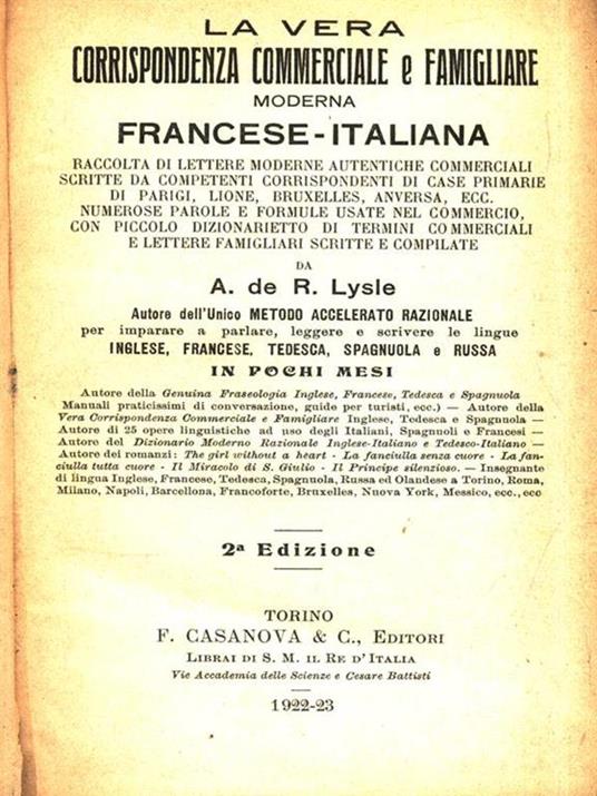 La vera corrispondenza commerciale e famigliare moderna Francese-Italiana - A. de R. Lysle - copertina