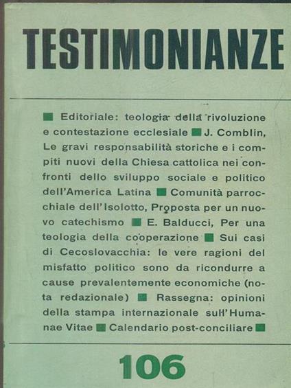Testimonianze 106Agosto 1968 - copertina