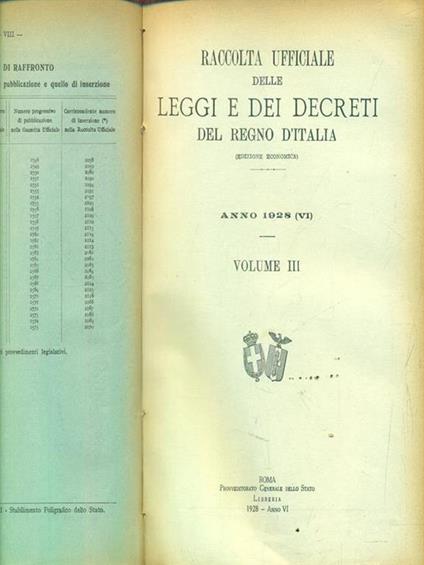 Leggi e decreti del regno d'Italia. Anno 1928. Vol III - copertina