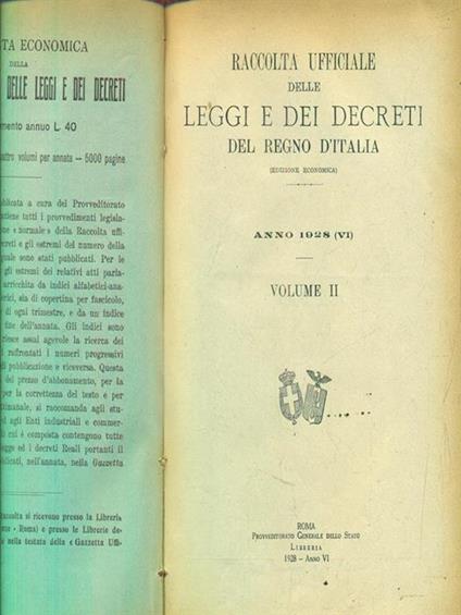 Leggi e decreti del regno d'Italia. Anno 1928. Vol II - copertina