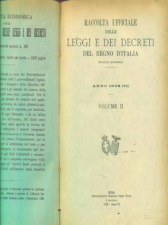Leggi e decreti del regno d'Italia. Anno 1928. Vol II - copertina