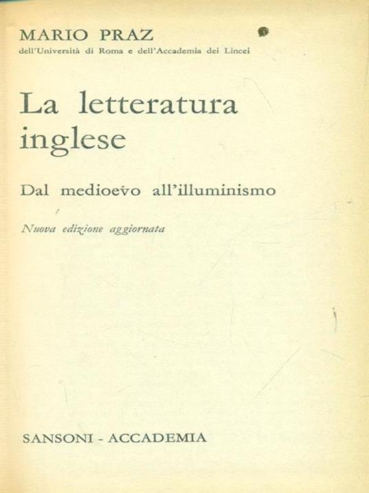 La letteratura inglese Dal medioevo all'illuminismo - Mario Praz - copertina