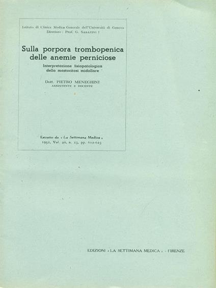 Sulla porpora trombopenica delle anemie perniciose - Pietro Meneghini - copertina