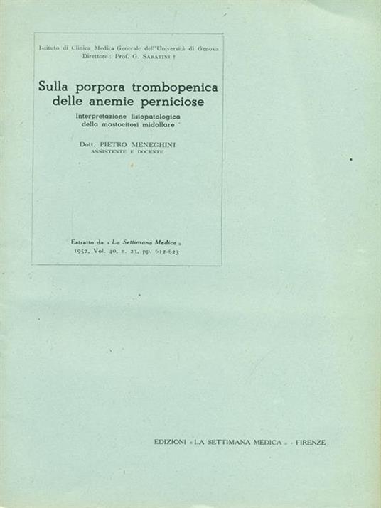 Sulla porpora trombopenica delle anemie perniciose - Pietro Meneghini - copertina